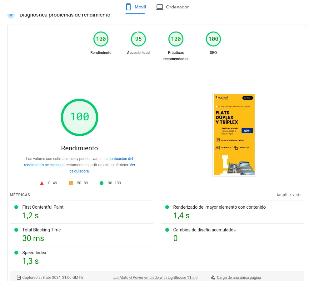 Reporte pagespeed singulart apartments